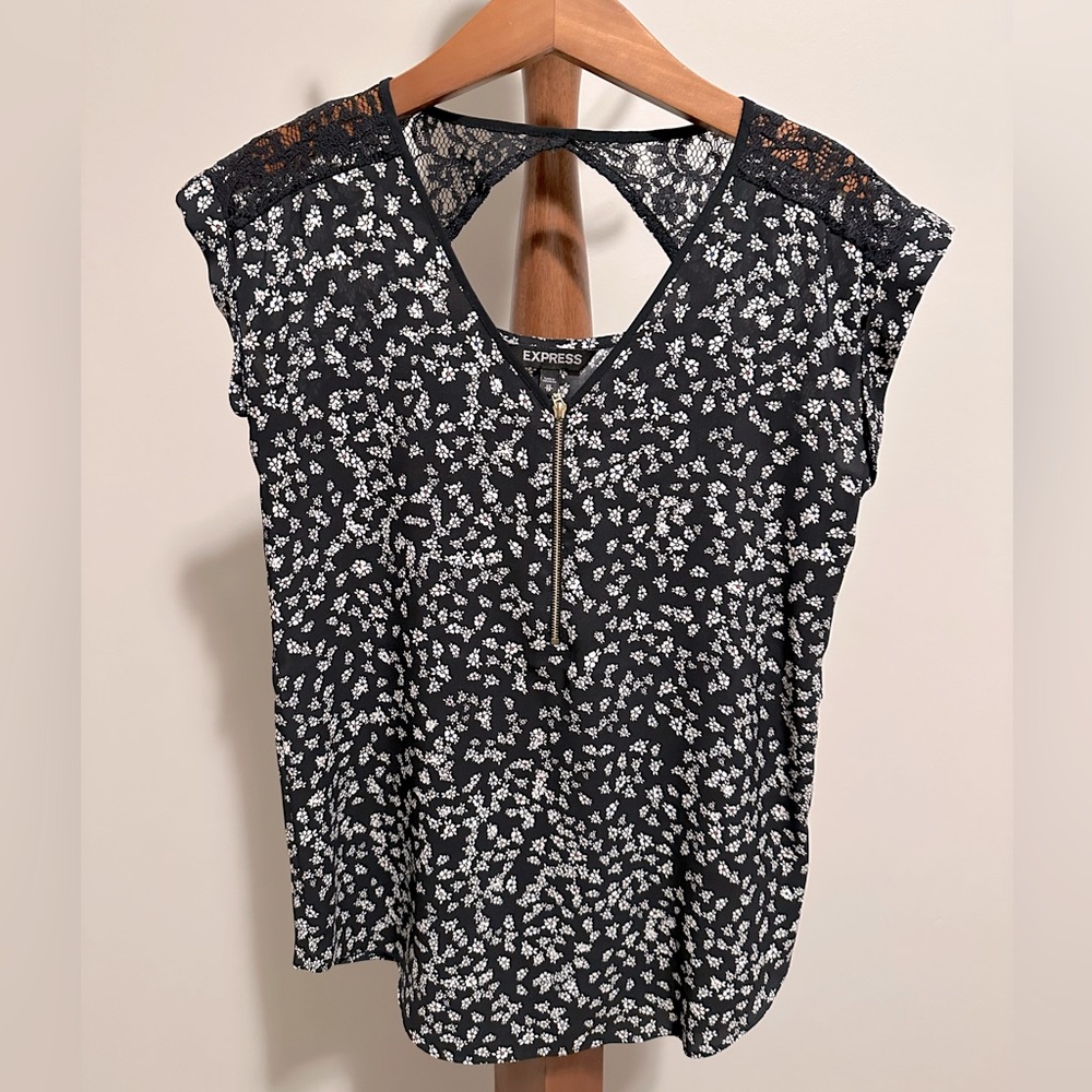 Navy Blue Express Blouse with lace shoulders